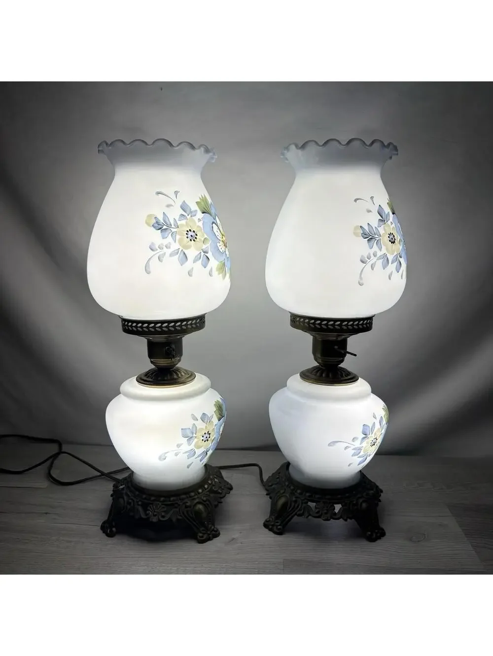 Vintage Pair of Blue Floral Milk Glass Table Lamps